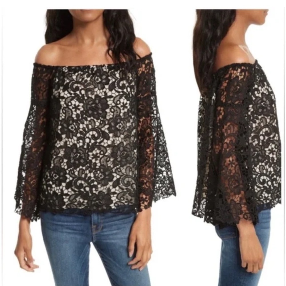 Alice and Olivia NWT XS Elegant Black Lace Off-Shoulder Top